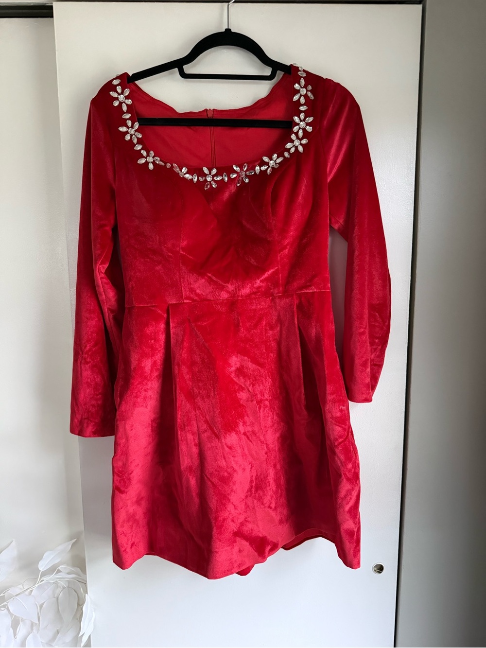 Red Velvet Jewel-Trim Long Sleeve Dress